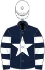 Dark blue, white star, hooped sleeves, white cap