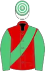 RED, emerald green sash and sleeves, white and emerald green hooped cap