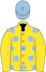 Yellow, light blue spots, yellow sleeves, light blue cap