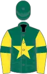 Dark green, yellow star, yellow sleeves, dark green armlets, dark green cap