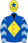 Royal blue, yellow diamond, light blue sleeves, royal blue chevrons, yellow cap, royal blue star