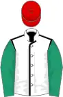 White, black seams, emerald green sleeves, red cap