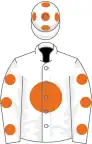 White, orange disc and spots on sleeves, white cap, orange spots