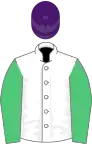 White, emerald green sleeves, purple cap