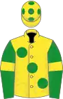 Yellow, large green spots, green sleeves, yellow armlets, yellow cap, green spots