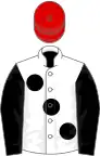 White, large black spots and sleeves, red cap