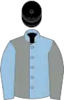 Light blue and grey (halved), sleeves reversed, black cap