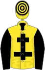 Yellow, black cross of lorraine and sleeves, hooped cap