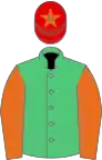 EMERALD GREEN, orange sleeves, red cap, orange star