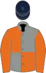 Grey and orange (quartered), orange sleeves, dark blue cap