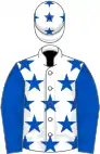 White, royal blue stars, royal blue sleeves