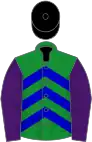 Green, blue chevrons, purple sleeves, black cap