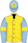 Yellow, light blue sleeves, yellow armlets and star on light blue cap