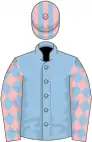 Light blue, pink sleeves, light blue diamonds, light blue and pink striped cap