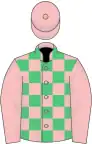 Pink and emerald green check, pink sleeves and cap