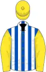 Royal blue and white stripes, yellow sleeves and cap