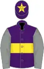 Purple, yellow hoop, grey sleeves, purple cap, yellow star