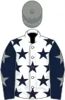 White, dark blue stars, dark blue sleeves, grey stars, grey cap