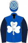 Royal blue, white shamrock, dark blue sleeves, royal blue and white hooped cap