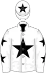 WHITE, black star, black stars on sleeves, black star on cap