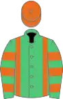 Emerald green, orange braces and cap, hooped sleeves