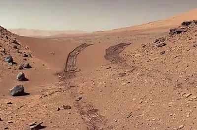 Curiosity's view after crossing the Dingo Gap sand dune (February 9, 2014; raw color).