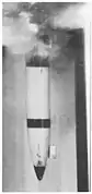 High speed image of the Pershing II penetrator as it left muzzle of a gun used for penetration testing. Velocity was 1795 feet per second at this point