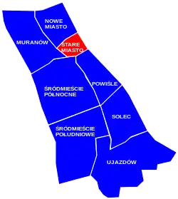 The location of the neighbourhood of Old Town in the district of Śródmieście, in accordance to the City Information System.