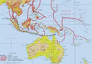 Japanese advances in the Southwest Pacific and Southeast Asia areas during the first five months of the Pacific Campaign of World War II. The proposed offensive on Fiji, Samoa, and New Caledonia is depicted in the lower right corner.