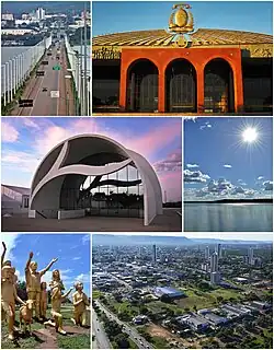 From the top; clockwise: Tocantins River Bridge; Araguaia Palace; Tocantins River; Aerial view of Palmas; Súplica dos Pioneiros monument and Coluna Prestes Memorial.