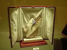 An open box with a prize statuette consisting of a golden palm leaf