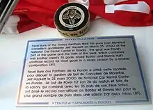 A black ice hockey puck with a white ring encompassing a logo of a panther. There is a silver plaque underneath it.