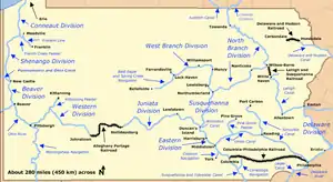 A network of east–west canals and connecting railroads spanned Pennsylvania from Philadelphia to Pittsburgh. North-south canals connecting with this east–west canal ran between West Virginia and Lake Erie on the west, Maryland and New York in the center, and along the border with Delaware and New Jersey on the east. Many shorter canals connected cities such as York, Port Carbon, and Franklin to the larger network.