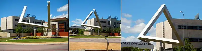 Impossible triangle sculpture as an optical illusion, East Perth, Western Australia