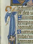 Player of a three-string vielle. Image in margin of Peterborough Psalter. Early 14th Century.