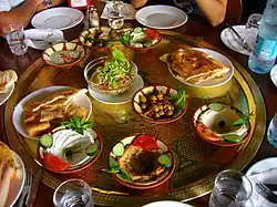 A large plate of Jordanian mezze in Petra, Jordan.