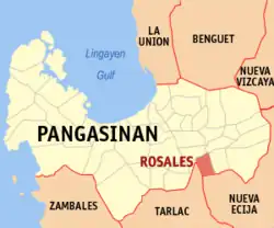 Map of Pangasinan with Rosales highlighted