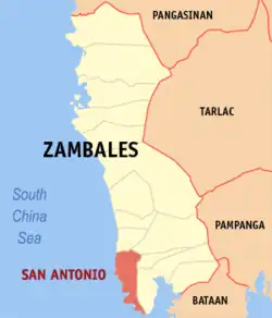 Map of Zambales with San Antonio highlighted