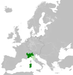 Kingdom of Sardinia-Piedmont in 1859; client state in light green