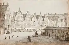 Drawing by Pieter Jansz Saenredam in 1629 of the Grote Markt with the northern edge of the old fish market extending across the market to the Hoofdwacht, Haarlem.