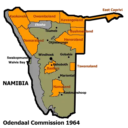 Allocation of Land to bantustans according to the Odendaal Plan. Hereroland is in the north-east.