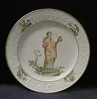 Neoclassical plate with Thalia, muse of comedy, from the Servizio ercolanese ("Herculaneum Service"), after a painting excavated there, 1780-82.