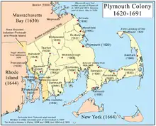 Image 32Early settlements and boundaries of the Plymouth Colony (from History of Massachusetts)