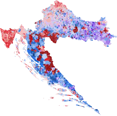 First round results by settlement, shaded according to winning candidate's percentage of the vote.