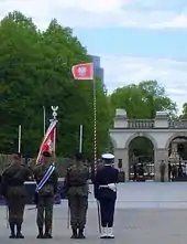 A presidential jack flying at the Tomb of the Unknown Soldier in Warsaw during a Constitution Day ceremony