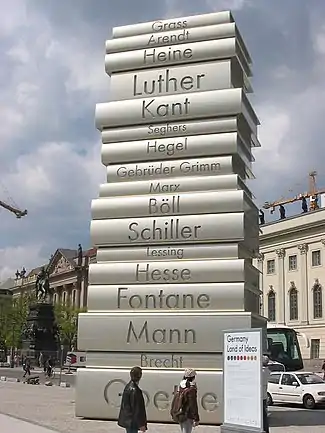 Image 2412-metre-high (40 ft) stack of books sculpture at the Berlin Walk of Ideas, commemorating the invention of modern book printing (from History of books)