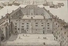 Aerial view looking into large enclosed courtyard of the Bridewell Palace