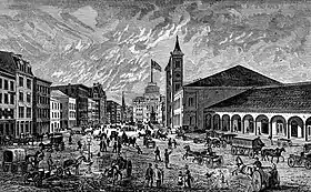 An 1886 engraving of Exchange Place. The station is visible to the right of City Hall.