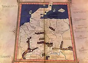 Ptolemy's map of Magna Germania from the early 2nd century. Treva appears in the middle of the northwest quadrant, just north of the river Elbe, and south of the tribal region labelled "Saxones".