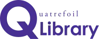 The 'Q' in Quatrefoil is big and purple; the rest of the word—which is rendered in black, serif type—is only about one-sixth the height of the 'Q'. It extends to the right; its baseline is above the midline of the 'Q'. The word 'Library' is also to the right of the Q, and beneath the rest of the word 'Quatrefoil'. It is in the same purple sans-serif type as the capital 'Q', but less than half the height.